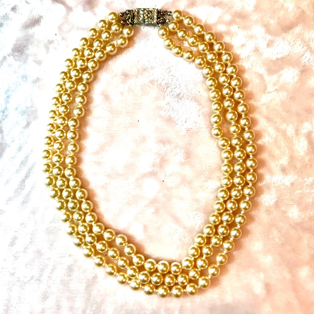 Triple Strand Faux White Pearl Necklace.